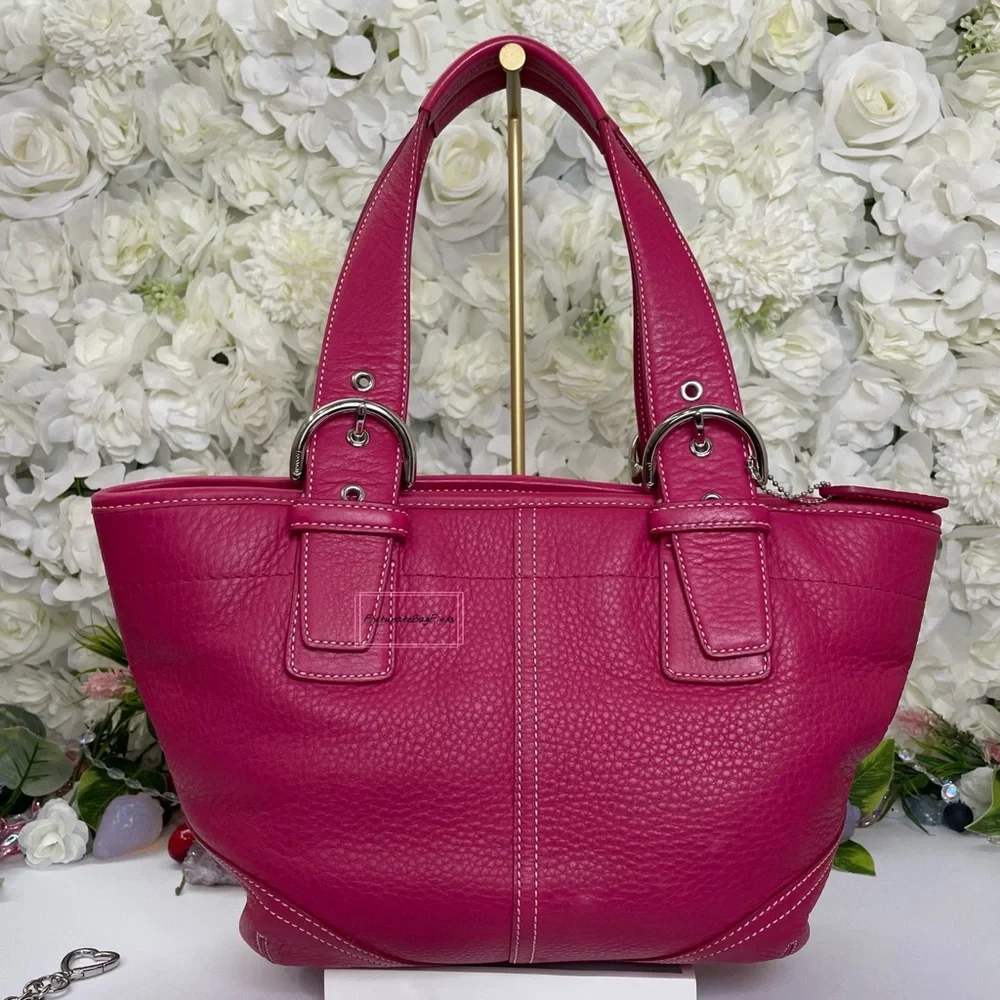 Y2K Vintage Coach Hot Pink Pebble Leather Tote Bag & Strawberry Charm Chain SET - Picture 6 of 16